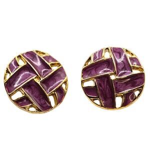 Purple Woven Design Earrings Pierced Enameled Gold Tone Setting Retro Style